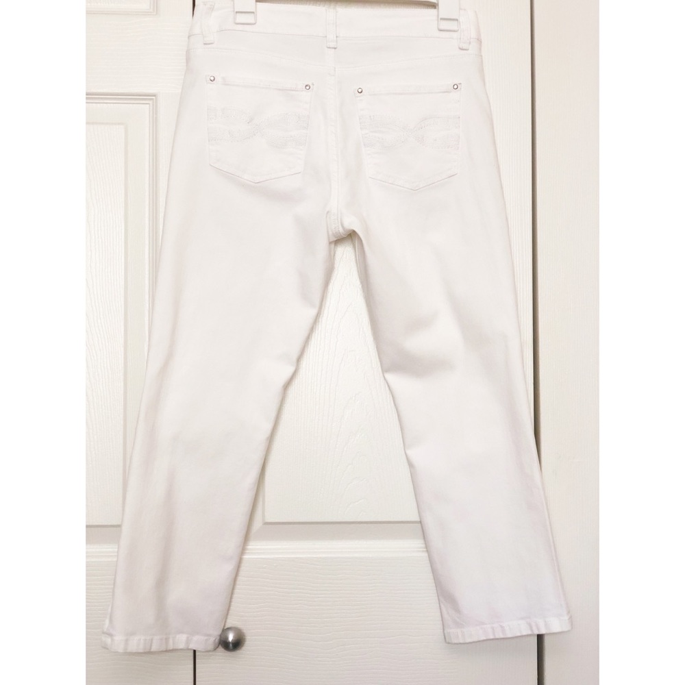 WHBM White Blanc Slim Crop Jeans with Rhinestone Studs and Zipper Bottoms - Picture 3 of 8